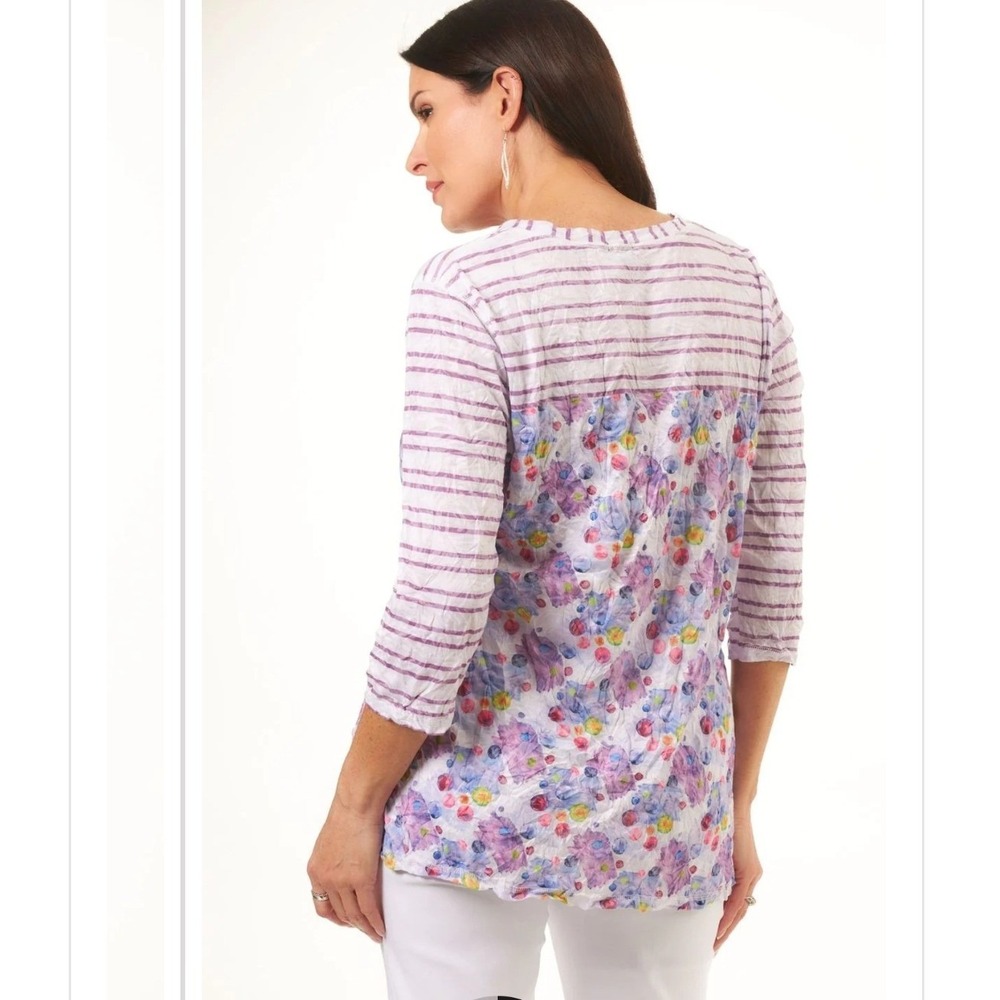 Shana Floral Stripe 3/4 Sleeve V-Neck Tunic Top XL Purple Blue3/ - Picture 3 of 15